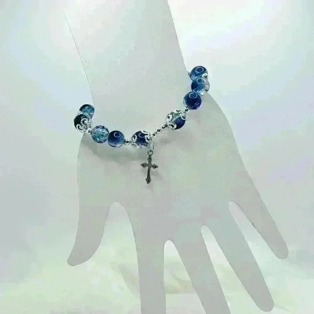 Sea Blue Gradient Beaded Cross Charm Bracelet